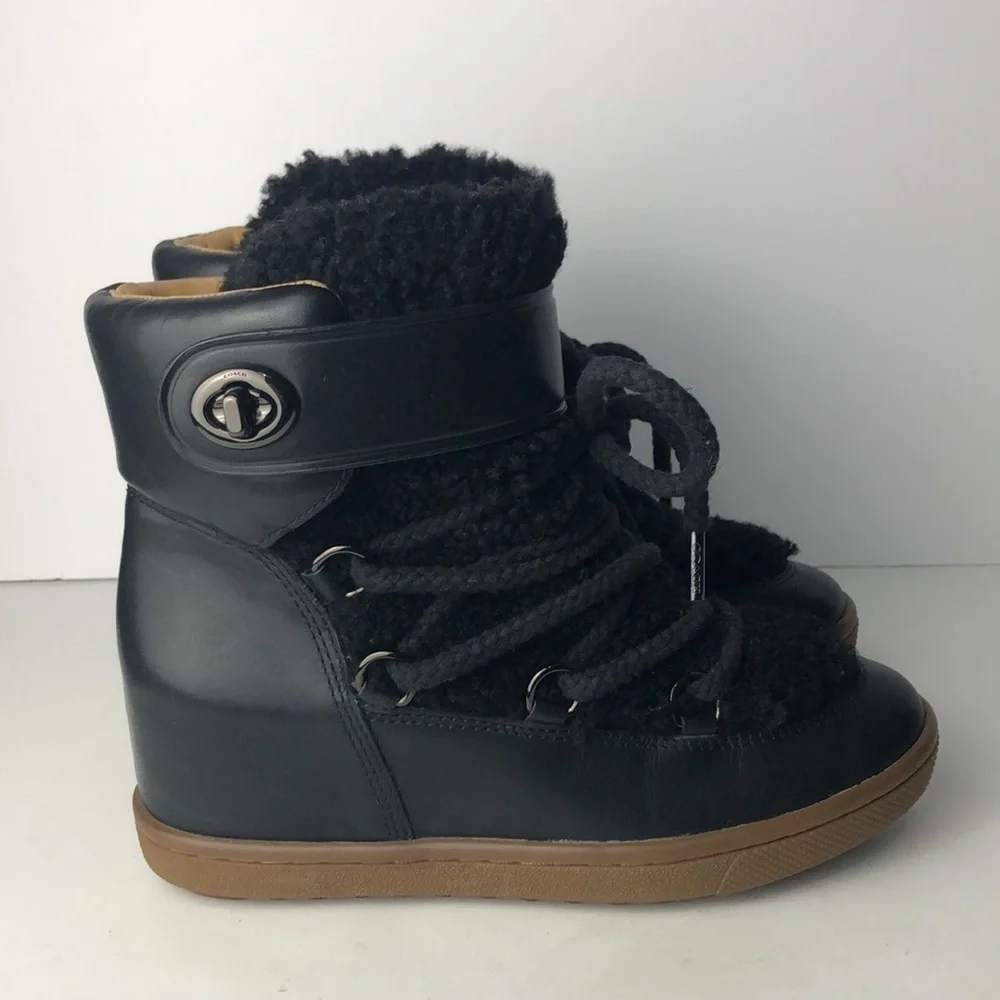 Coach Monroe Black Leather Shearling Ankle Wedge Boots 6